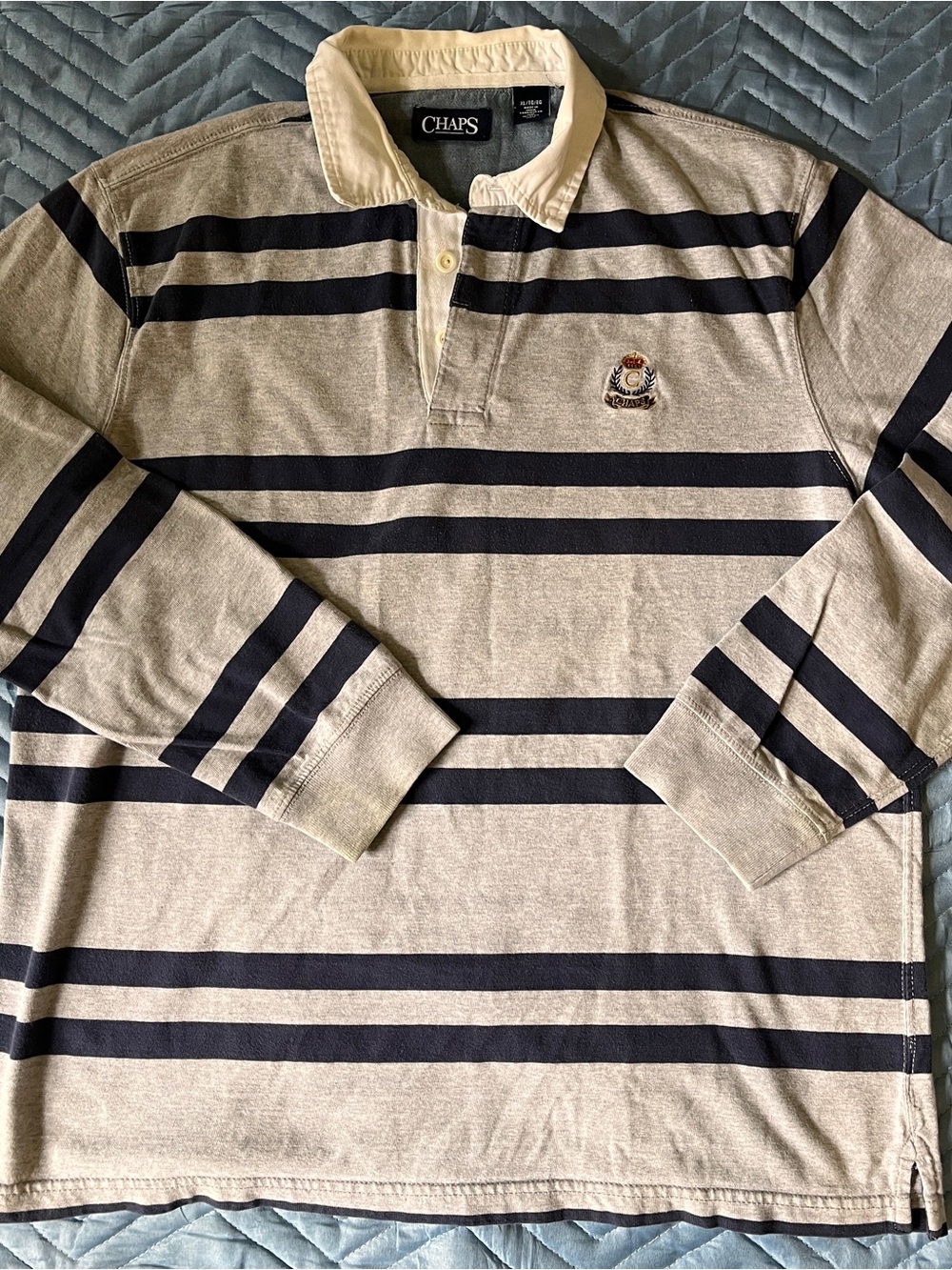 Chaps Mens Long-Sleeve Rugby Shirt - Beige Navy Stripes size XL Classic Reto